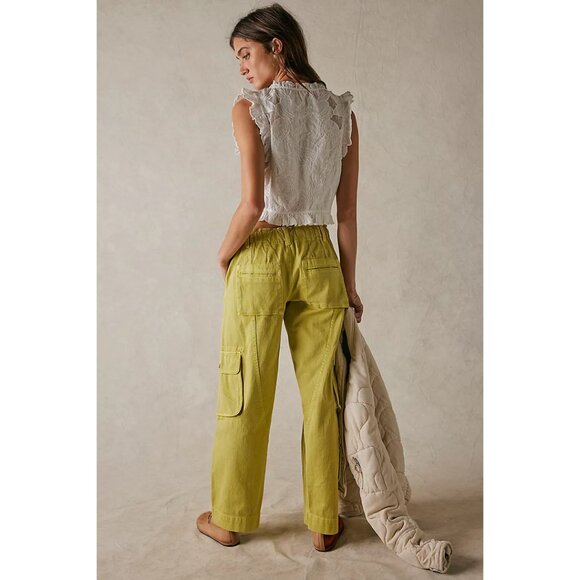 FREE PEOPLE Tahiti Herringbone Cargo Pants in Citronelle Size Small - Picture 10 of 11